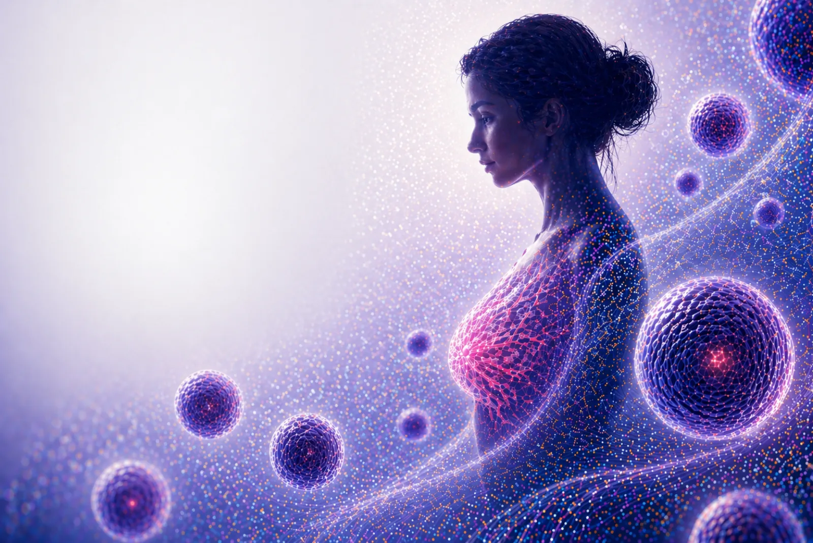 Profile of a young woman fading into a luminous lattice of cells and molecular networks — visual representation of upstream breast cancer biology.