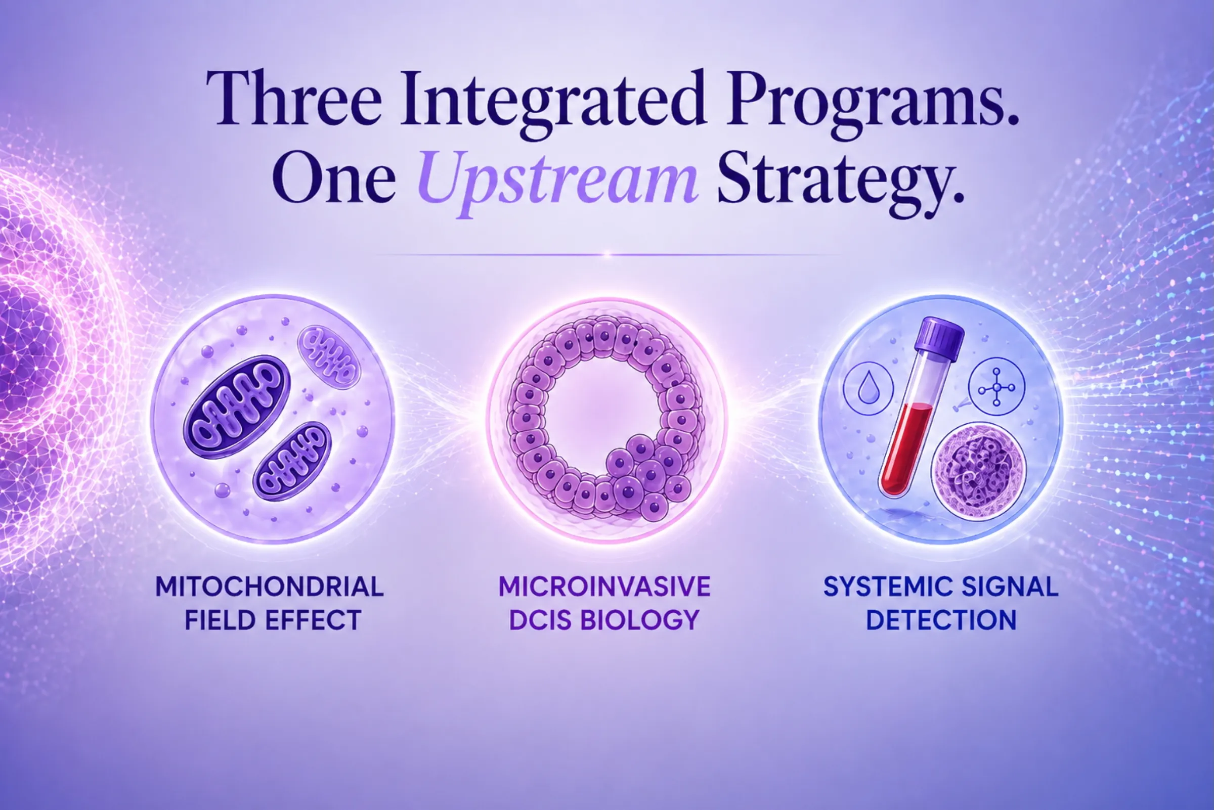 Three program icons — Mitochondrial Field Effect, Microinvasive DCIS Biology, and Systemic Signal Detection — arranged under the headline 'Three Integrated Programs. One Upstream Strategy.'